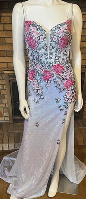 Jovani Blue Sequin Pink Floral Embroidered High Slit Gown Style 40464 NWT Size 8 - Image 1 of 4