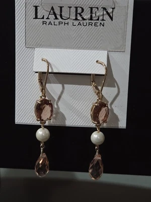  Pendientes colgantes Ralph Lauren de oro con cristales y perlas nuevos Foto 1 de 4