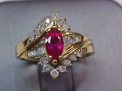 ESTATE CREATED RUBY AND NATURAL DIAMOND RING 10K YELLOW GOLD SIZE 7.25 - Image 1 of 4