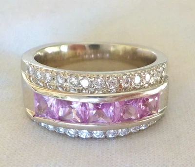 Heavy 14k White Gold Pink Sapphire Diamond Ring - 12.1 gms, Sz 6.5, 1.80 ctw - Image 1 of 4