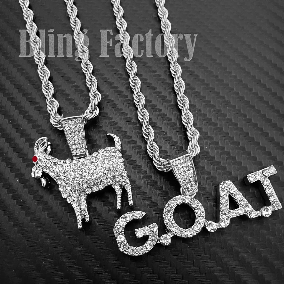 Colgante Hip Hop Chapado en Plata Helada Cabra y G.O.A.T y Collar Cadena Cuerda 4mm 24" Foto 1 de 1