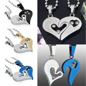 1 Set Women Men Stainless Steel Couple Heart I Love You Pendant Chain Necklace - Picture 1 of 11