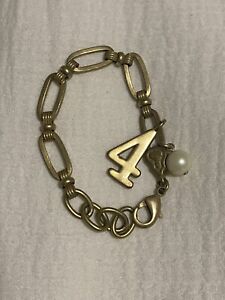 Anthropologie Charm bracelet 4 Four Pearl Gold Link Chain Vintage Number Silver