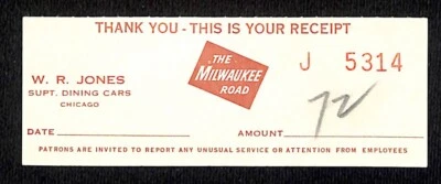 The Milwaukee Road Railroad Dining Card Receipt c1960's #5314 - Image 1 of 2