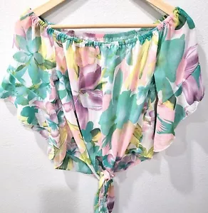 Shein Floral Off-Shoulder Tie-Front Cropped Top with Bell Sleeves Size M - Picture 1 of 8