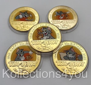 OFFIZIELLES TOM UND JERRY VERGOLDETES GEDENKMÜNZENSET 5 NEUE MÜNZEN - Bild 1 von 7