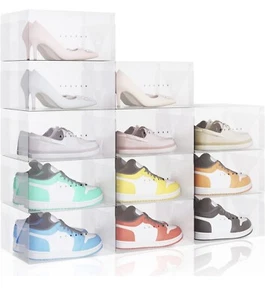12 Pack Stackable Shoe Boxes Plastic Storage Bins, Large Clear Plastic Foldable - Picture 1 of 6