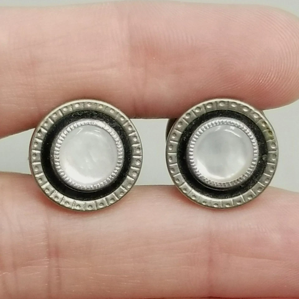 Vintage Black Enamel Snap Link Cufflinks Mother of Pearl Silver Tone Art Deco - Image 1 of 4