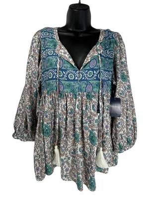 Blusa LUCKY BRAND Estampado Mixto Talla S Multicolor Paisley Cuello Borla Manga Campesina Foto 1 de 4