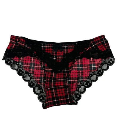 Adore Me Playful Red Black Plaid Hipster Panty Lace Trim XSmall - Image 1 of 4