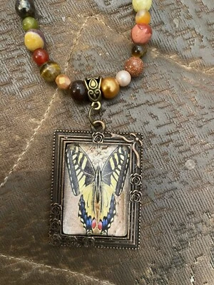 Collar Retro Mariposa Bronce Retrato Colgante Cristal Ágata Jaspe Ojo de Tigre Foto 1 de 3