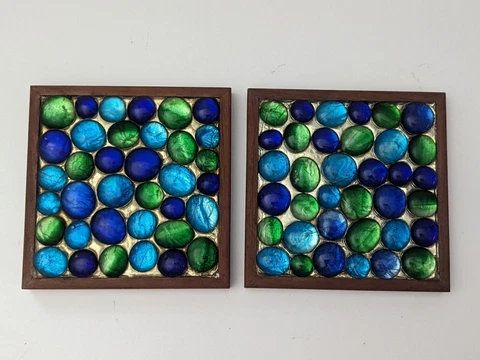 Vintage MCM Ceramic Mosaic Glass Trivet in Wood Frame Junior Achievement Company Cover