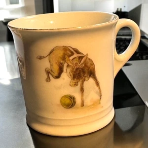 Antike Keramik Kinder 2,5" DEUTSCHE TASSE Esel Hund Storch Narr - Bild 1 von 8