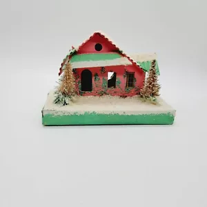 Decoración de pueblo de Navidad vintage papel mica putz cartón casa árbol Japón - Imagen 1 de 16