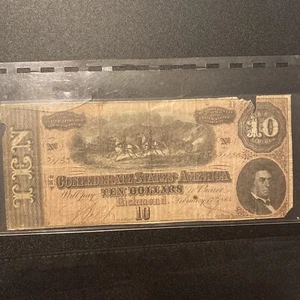 RARE 1864 Confederate $10 Dollar Bill CSA Note Confederate States of America - Picture 1 of 2