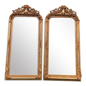 Gilded Grandeur:Pair of French Louis XVI Style Full Length Floor Mirrors in Gold
