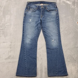 True Religion Joey Jeans Mens 33 Blue Made in USA Bootcut Flare Distressed Denim - Picture 1 of 19
