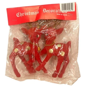 2 renos de fieltro flocados rojos y dorados de colección ~ adornos de árbol de Navidad de ciervos ~ campana - Imagen 1 de 5