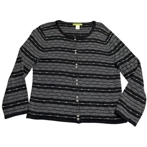 Sigrid Olsen Silk Blend Button Cardigan Sweater Stripe Womens Large Black Gray - Picture 1 of 10
