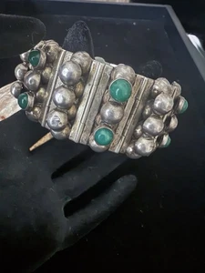 Sterling Silver and Green turquoise Bracelet - 7 Inch signed - Picture 1 of 7