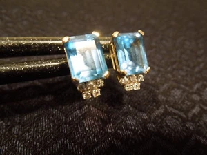 Estate 14K Yellow Gold Emerald Cut Blue Topaz & Diamond Earrings - Picture 1 of 1