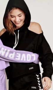 Victorias Secret Cropped Cold Shoulder Hoodie Sweatshirt Black Size Medium - Picture 1 of 7