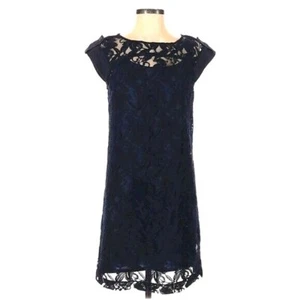 Cynthia Steffe Silk Sheer Lace Cap Sleeve Dress 4 Navy Blue Preppy Special Event - Picture 1 of 10