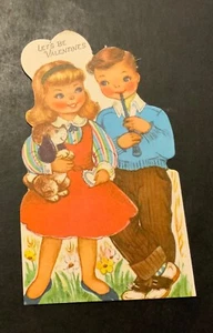 VTG DieCut Gibson Valentine Card Girl Holding Puppy & Boy Playing Instrument - Picture 1 of 4
