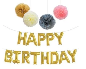 Happy Birthday Gold Balloon Banner with Tissue Paper Pom Poms - Easy DIY NEW - Picture 1 of 7