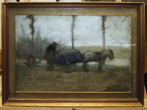 Bernardus Blommers 19th Cent. Dutch WC of Shell Gatherer Horse Cart Listed Hague - Picture 1 of 9