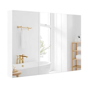 36" Wide Wall Mount Mirrored Bathroom Medicine Cabinet Triple Mirror Door White - Picture 1 of 8