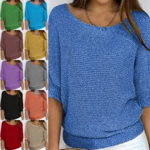 Ladies Jumper Tops Crew Neck Sweater Women Warm Solid Color Work Pullover Loose - Picture 1 of 34