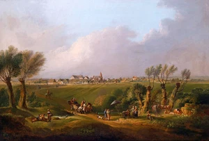 Free shipping Oil painting nice landscape people running carriage cows village - Picture 1 of 1