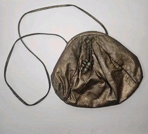 Vintage 80s Faux Bronze Cloth Snake Skin Purse Clam Shell Closure Shoulder Bag - Picture 1 of 7
