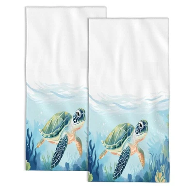 Pack de 2 toallas de mano para baño, toallas de cocina decorativas tortuga marina verde alta... Foto 1 de 4
