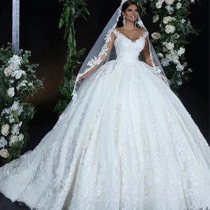Lace Ball Gown Wedding Dresses for Bride V Neck Lace up Closure Sweep Train - Picture 1 of 11