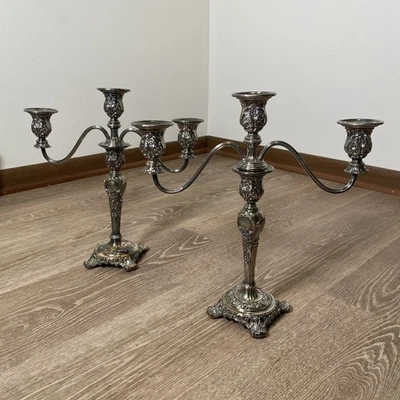 WM Роджерс и сын посеребренные канделябры, викторианский розовый дизайн лот из 2 - Изображение 1 из 4