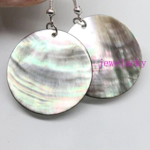 20mm Disc Shape Shell Natural Black Mother of Pearl Drop Dangle Hook Earring - Picture 1 of 2