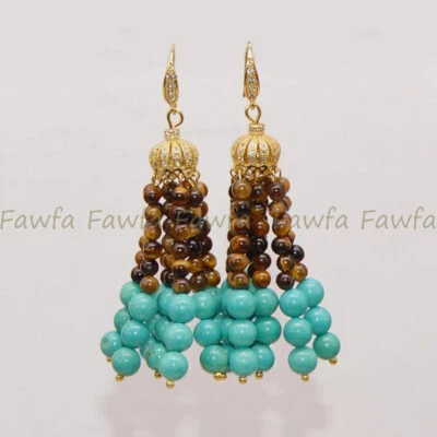 Pendiente gancho dorado borla turquesa azul ojo de tigre amarillo natural de 4 mm 6 mm Foto 1 de 4