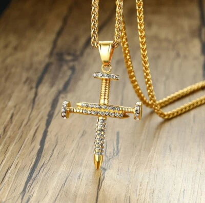 Men Titanium Stainless Steel 49 mm Gold Cubic Zircon Nail Cross Necklace 23.5" - Image 1 of 4