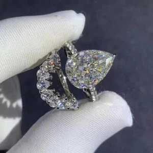 3 Ct Pear-Cut Real Moissanite Bridal Set Wedding Band Ring 14K White Gold Plated - Picture 1 of 5
