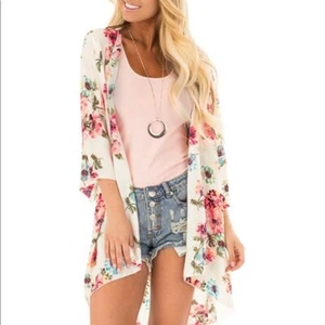 Pink Milly Kimono Swimsuit Cover Up Open Front Caftan Floral 3/4 Sleeve M NEW - Picture 1 of 14