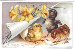 Postal de Pascua vintage RETRO texturizada NUEVA REIMPRESIÓN Happy To You pollitos narcisos - Imagen 1 de 2