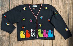Jack B Quick Vintage Black Cat Cardigan Sweater Women Size XL Button Paw Prints