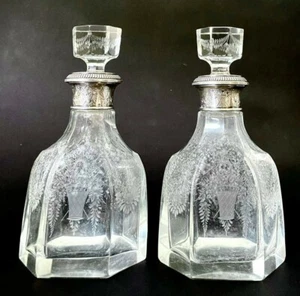Pair (2)  Antique 19C French Crystal Etched Glass Decanters Sterling Silver 950 - Picture 1 of 7