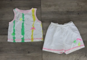 VINTAGE Youth Girls Size Large 6X Summer Top & Shorts Set White Neon Pink Green - Picture 1 of 10
