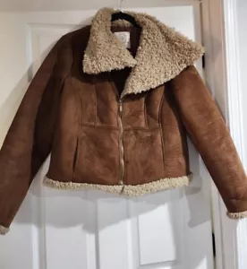 Relativity Brown BOMBER Beige Faux Fur Trim jacket Size Large - Picture 1 of 4