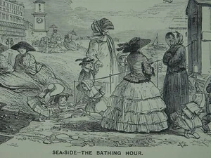 AT THE SEA SIDE - THE BATH HOUR Cold & Rain - Original 1855 Victorian Print - Bild 1 von 2
