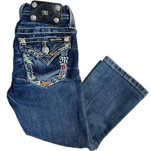 Miss Me Girls Capri Jean Size 12 Distressed Embroidered Rhinestone Stretch Denim - Picture 1 of 13