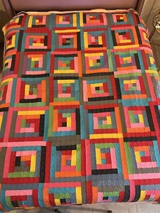 Vintage handmade Contemporary Modern log cabin quilt top CoLoRfuL - Picture 1 of 9